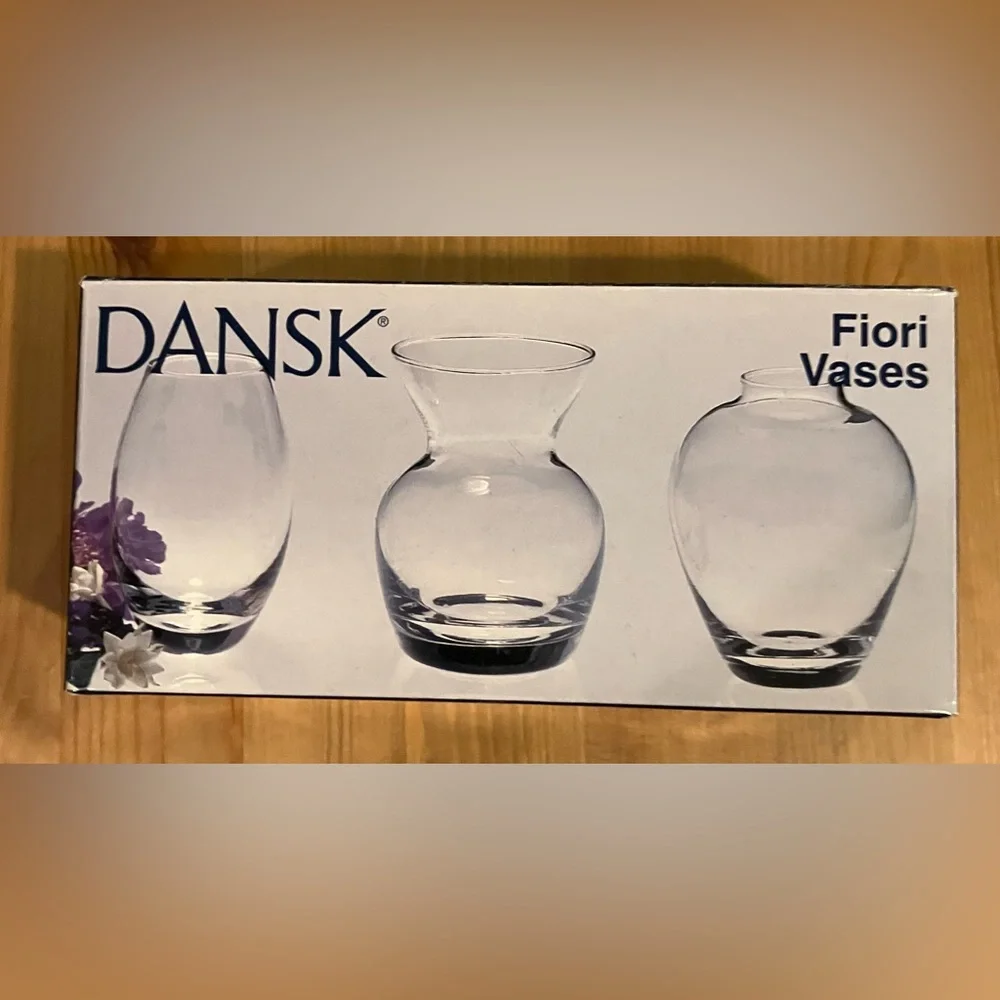NEW Dansk Fiori Vases 3 Crystal Clear Vases #04989GB Miniature Flower Box Style
